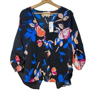 NWT Yumi Kim Anthropologie Black Blue Pink Floral Blouse Womens Medium